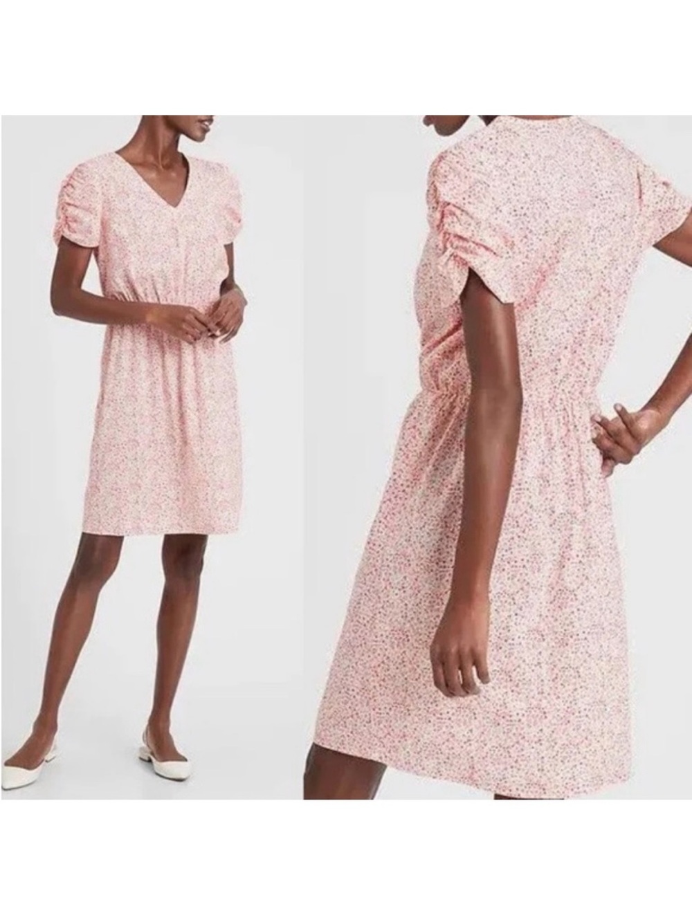 Banana Republic Pink Ditsy Floral V-Neck Dress -Size Medium